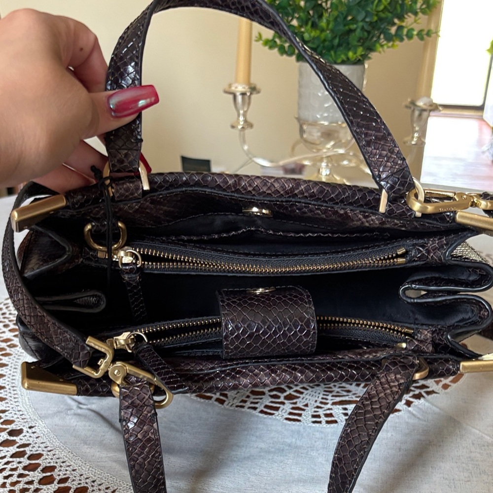 Calvin Klein Dark Brown Snake Print Satchel - Picture 5 of 9
